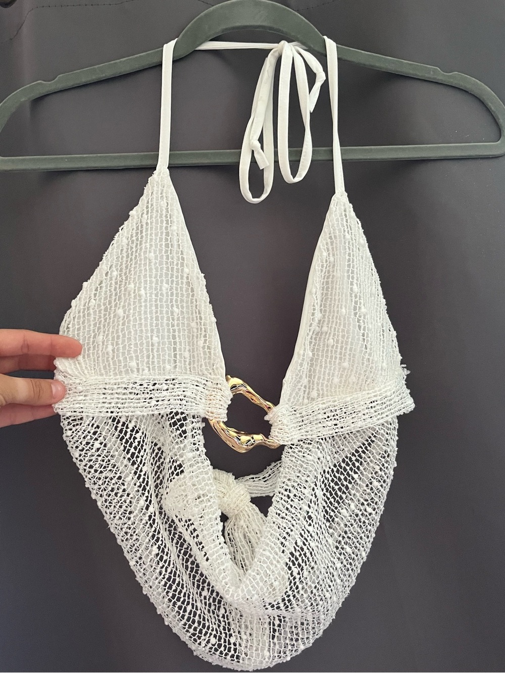 White Crochet Halter Bikini Top with Gold Ring Detail